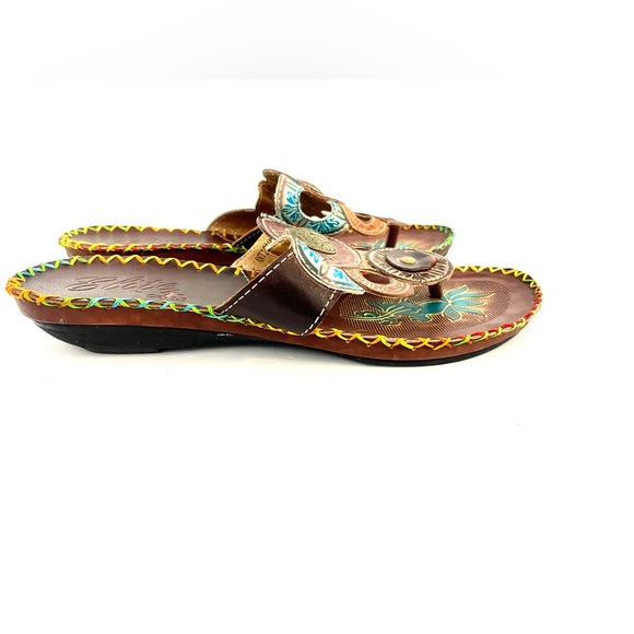 Elite By Corgys Antiqua Hand Tooled Color Sandals Size 9 - Picture 2 of 10